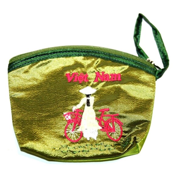 Satin Coin Purse Jewelry Organizer Small Embroidered Viet Nam Woman's 5" x 4" - Picture 1 of 4